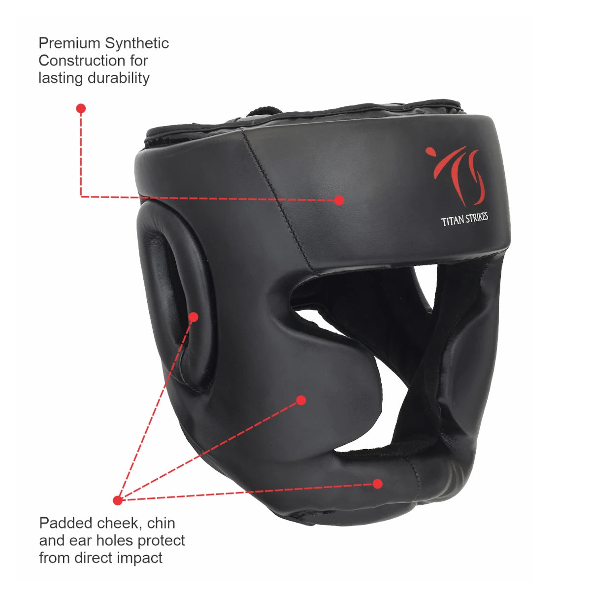 Titan Strikes boxing head guard with premium synthetic construction and padded cheek, chin, and ear zones for impact protection