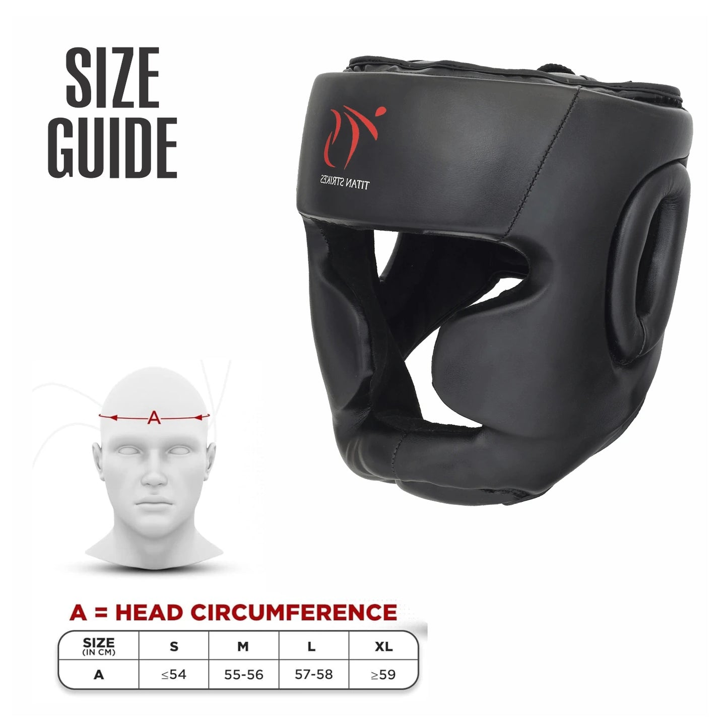 Titan Strikes boxing head guard size chart in centimeters with head circumference measurements for accurate fitting.