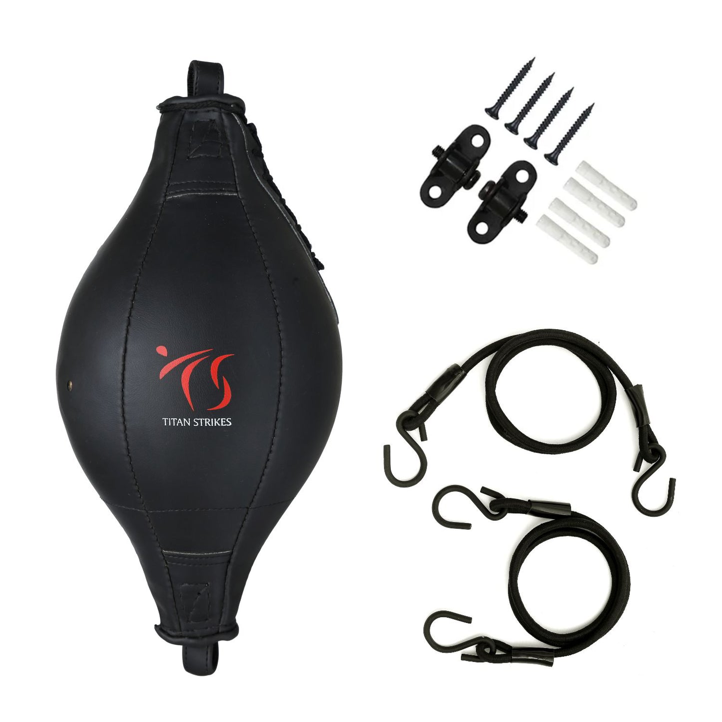 Titan Strikes boxing double end bag with bungee cords, metal hooks, screws, and wall anchors for easy installation