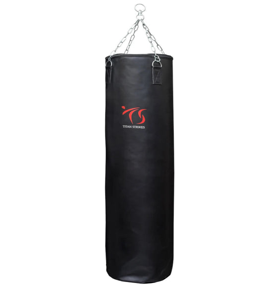 Titan Strikes Black boxing punching bag with a chain and hook for easy installation.