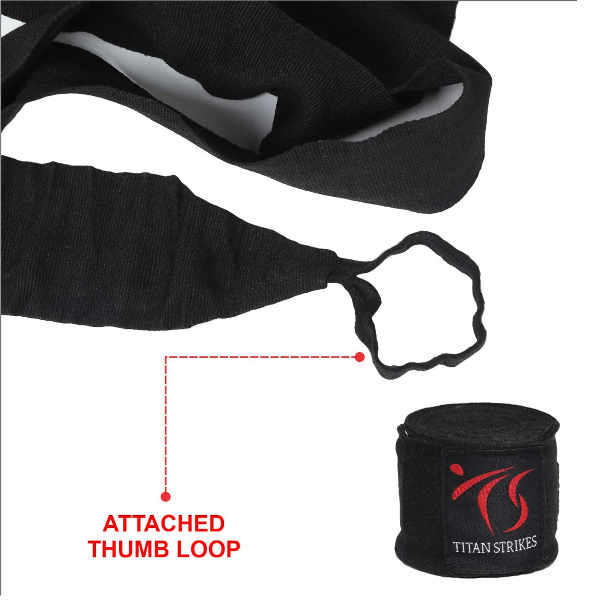 Roll of Titan Strikes 180-inch cotton and elastic boxing hand wrap with attached thumb loop and Velcro closure
