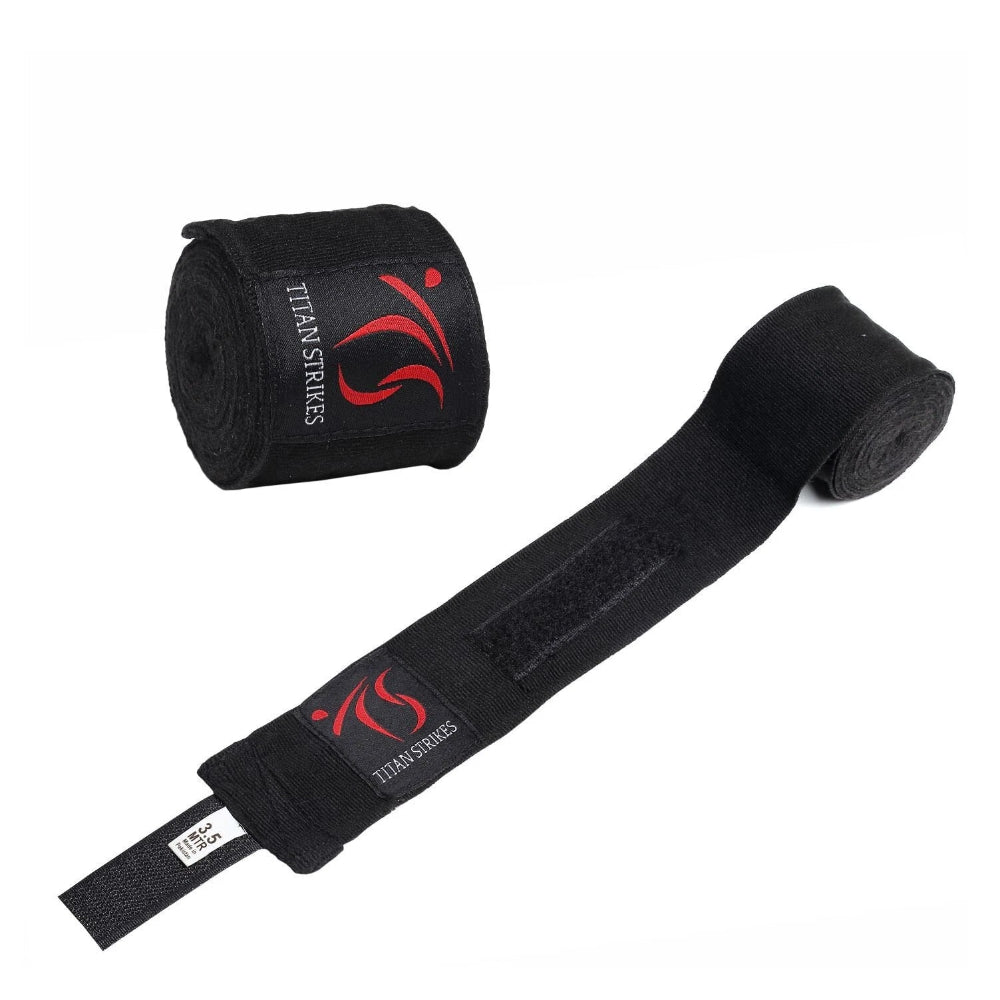 Pair of Black boxing hand wraps with Titan Strikes logo on a white background