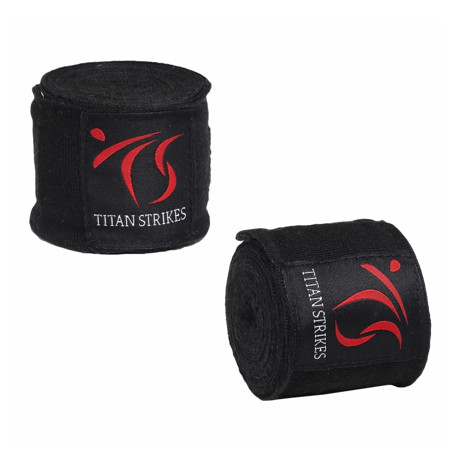 Two rolls of black 180 inch boxing hand wraps with Titan Strikes logo on a white background