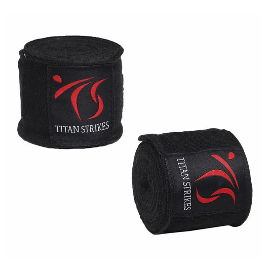 Two rolls of black 180 inch boxing hand wraps with Titan Strikes logo on a white background