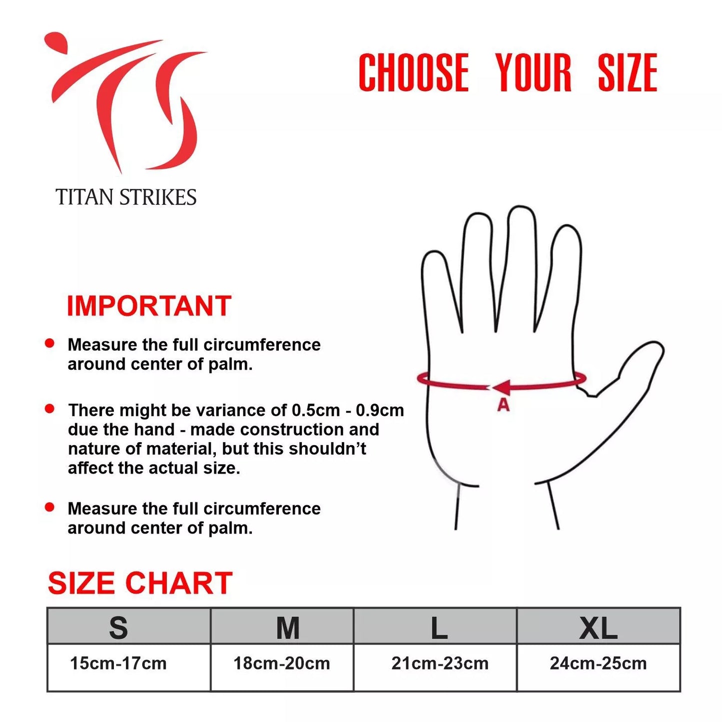 Titan Strikes Karate Gloves size measurements guide