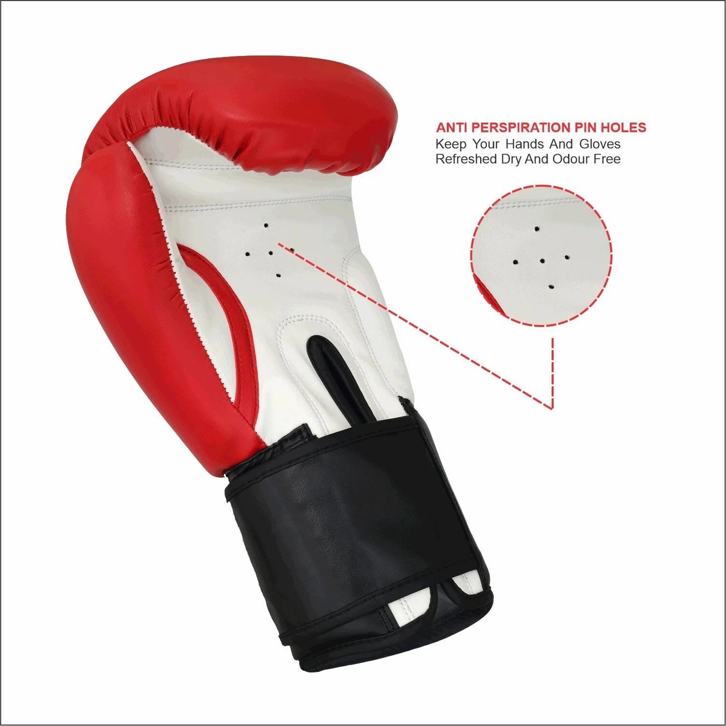 Air circulation pin holes on palms of Titan Strikes Sparring boxing gloves