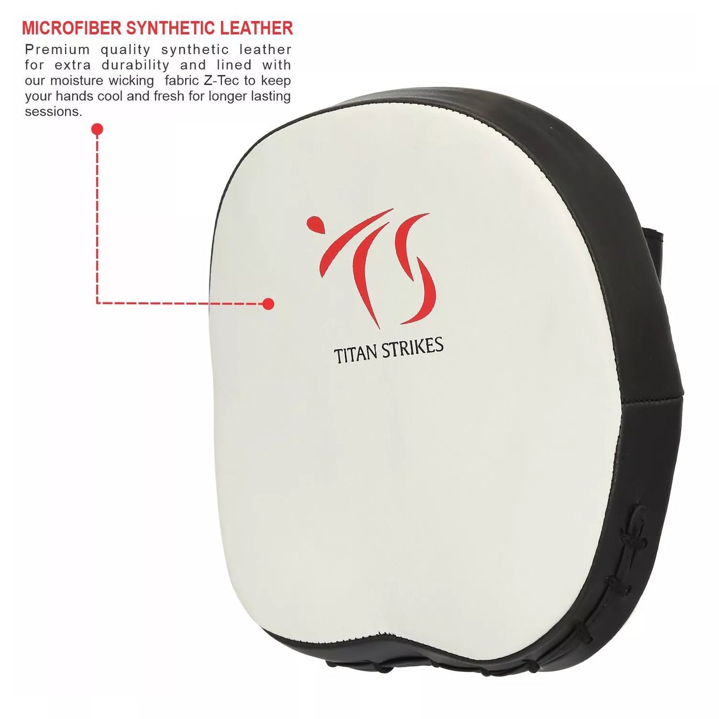 White Titan Strikes boxing focus mitts highlighting a microfiber synthetic leather striking surface and black moisture-wicking fabric lining