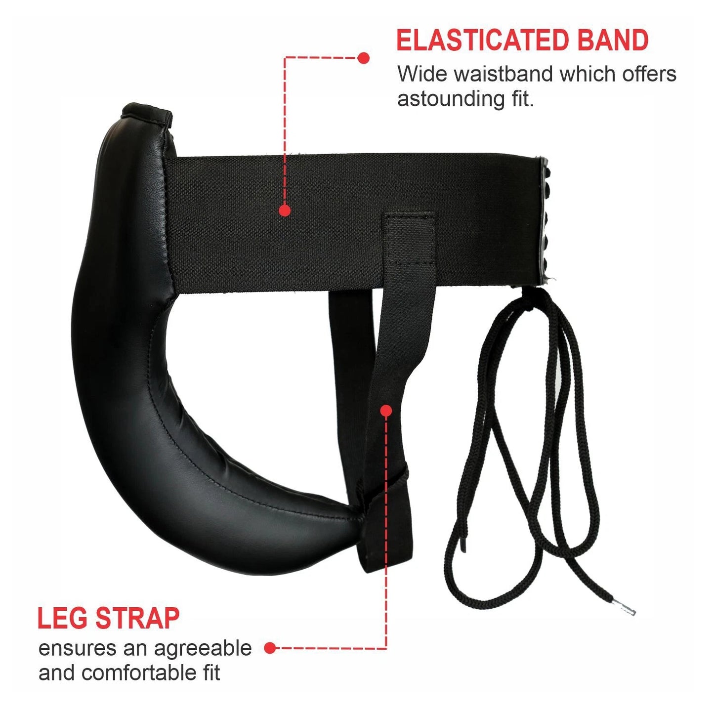 Boxing groin protector side view featuring leg strap and elasticated waist band