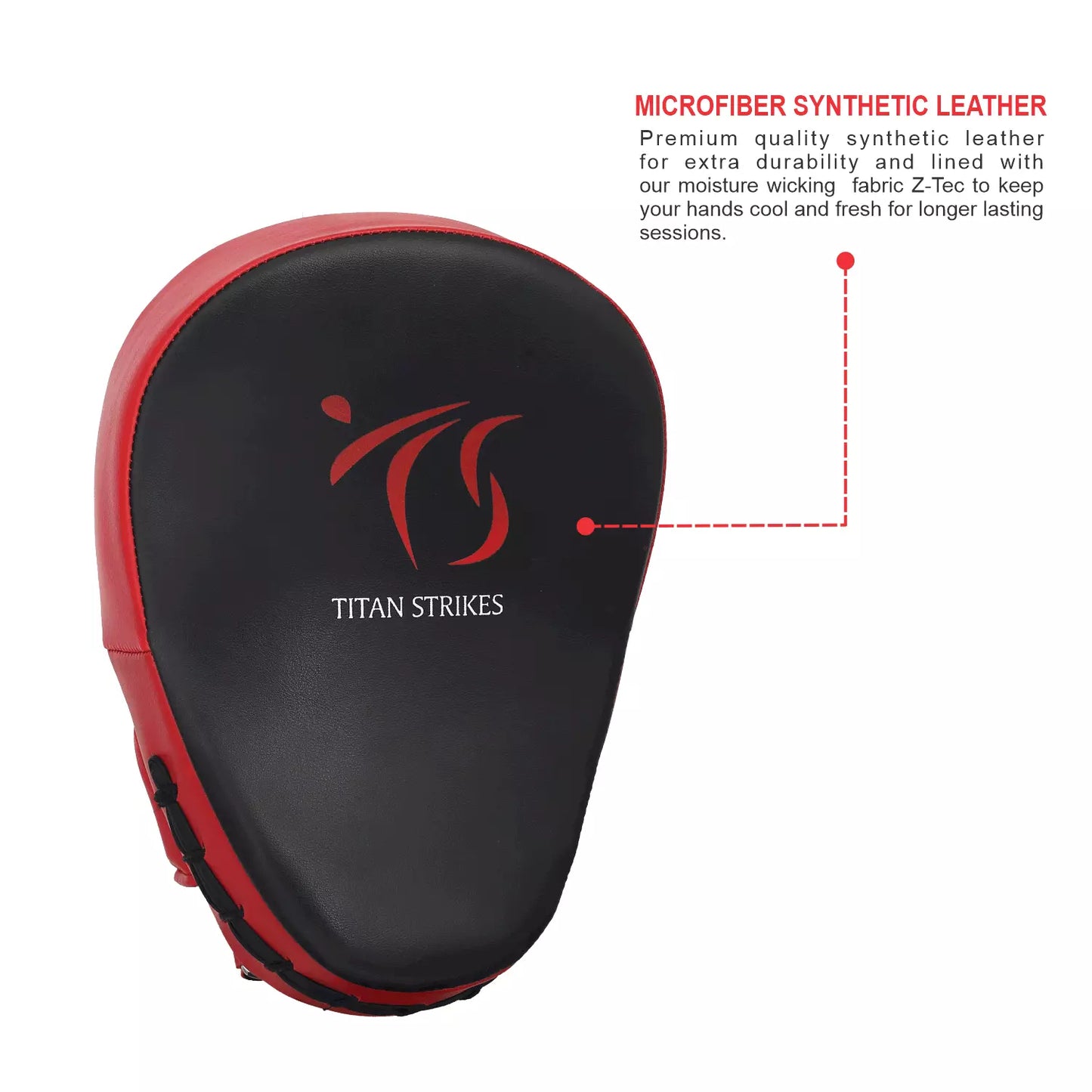 Titan Strikes boxing mitts illustrating leather construction and moisture wicking fabric for hand pam