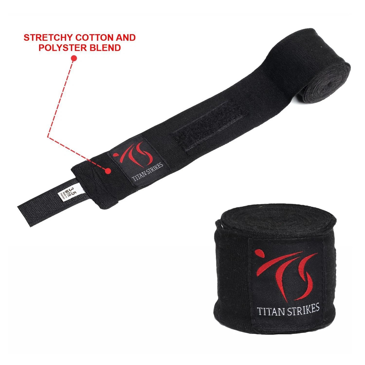 Roll of Titan Strikes cotton hand wraps showcasing a stretchable cotton and polyester blend