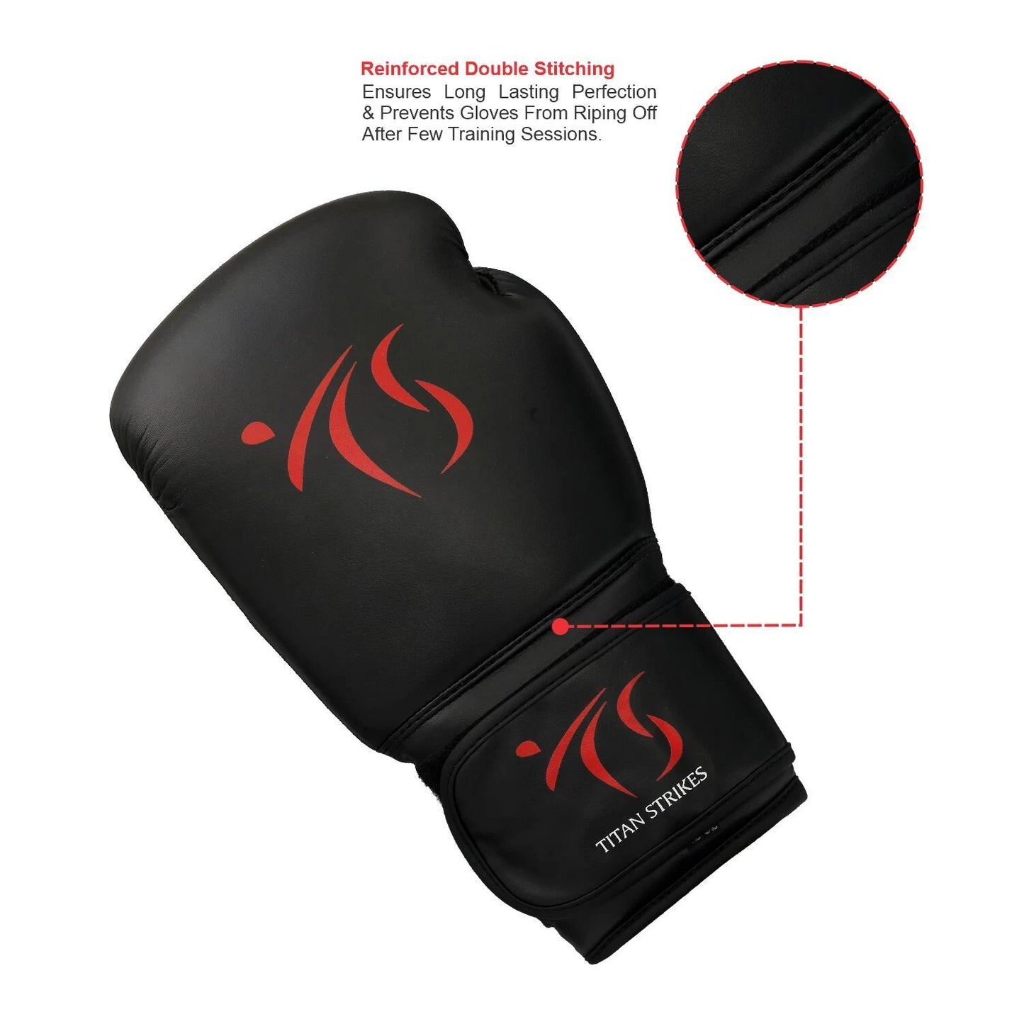 Titan Strikes sparring boxing gloves featuring reinforced double stitching on high-stress panels for long-lasting durability and professional performance.