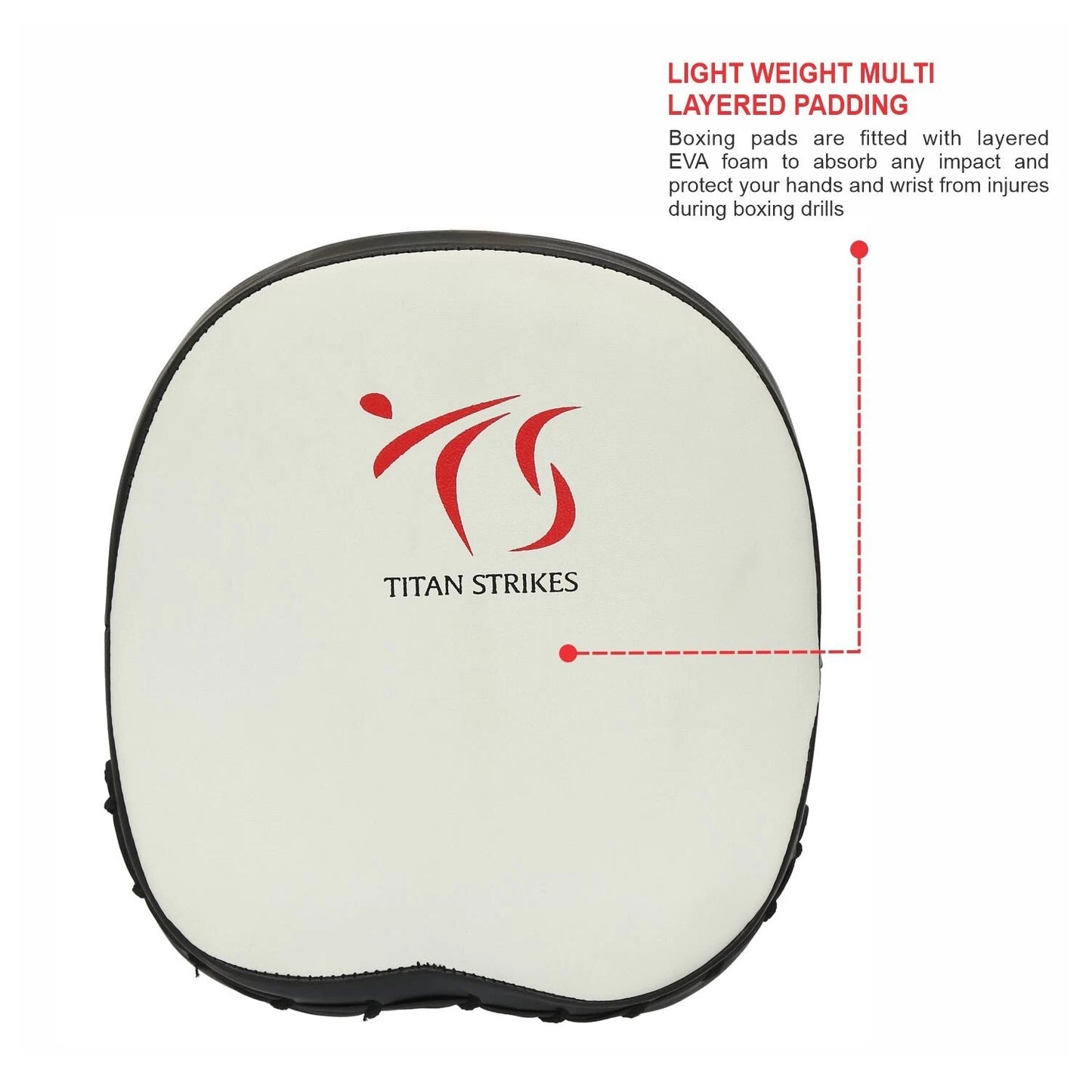 Close-up of Titan Strikes focus boxing mitts showcasing lightweight, multi-layer EVA foam padding