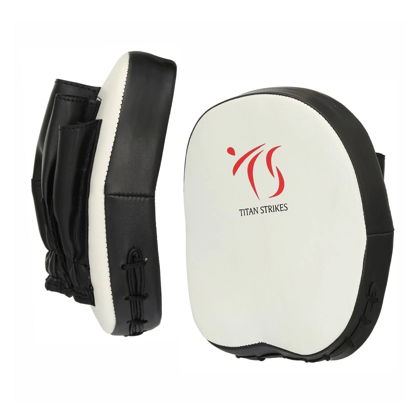 Side view of one Titan Strikes focus boxing mitts and front white face of other mitts highlighting their ergonomic curved design