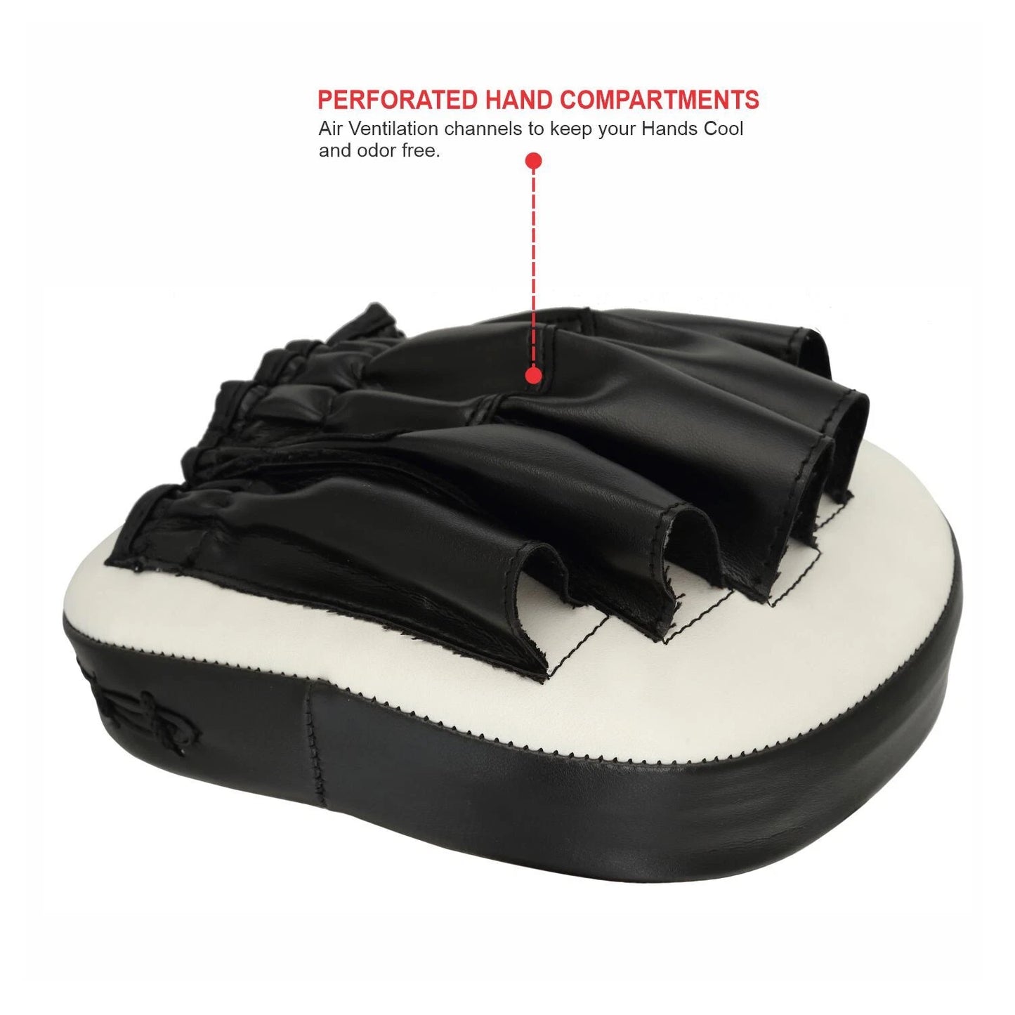 White Titan Strikes focus boxing mitts featuring perforated airflow vents and black ergonomic finger channels