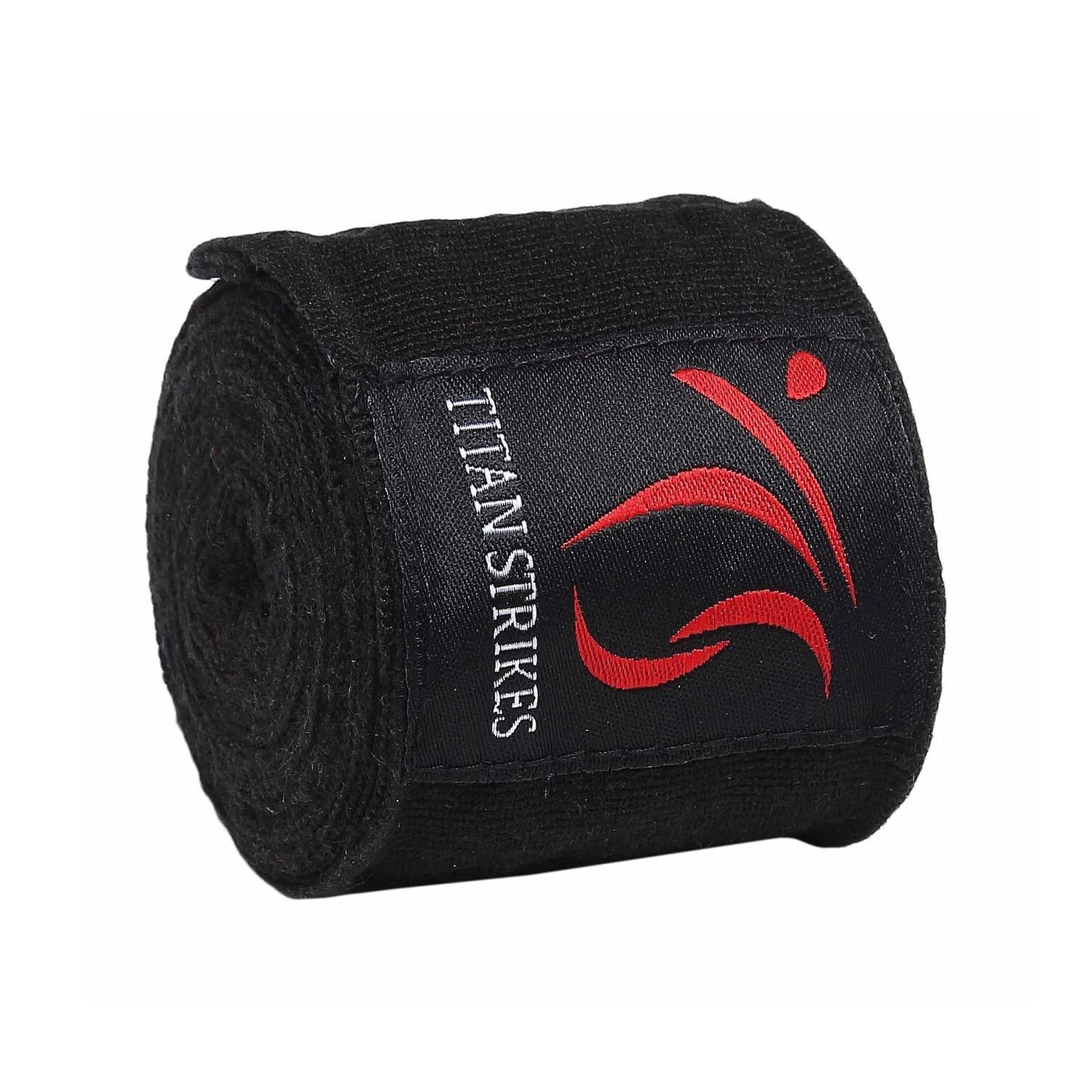 Black boxing hand wraps with Titan Strikes logo on a white background