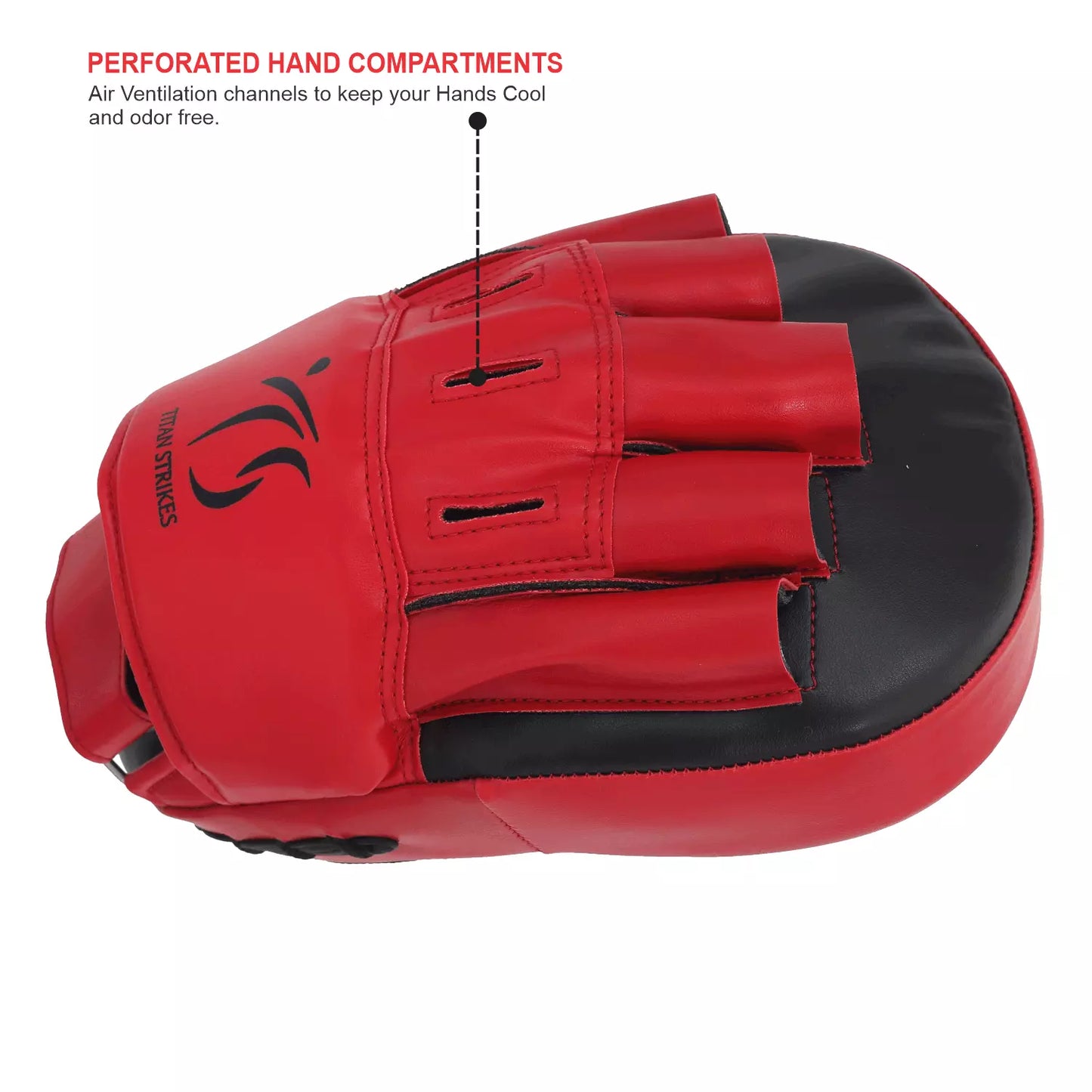 Titan Strikes boxing focus mitts illustrating air ventilation channels for cool and odor free hands