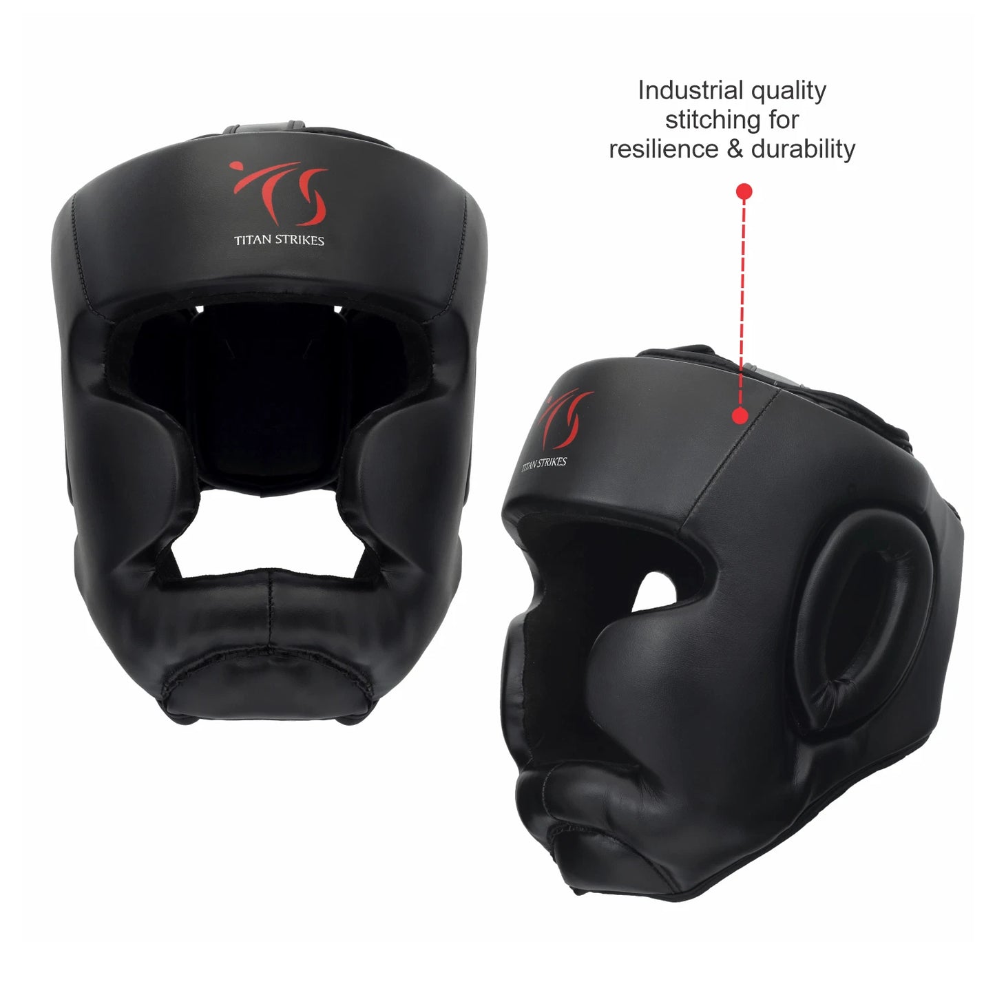 Titan Strikes boxing head guard with front and side view highlighting durable stitching and ergonomic design