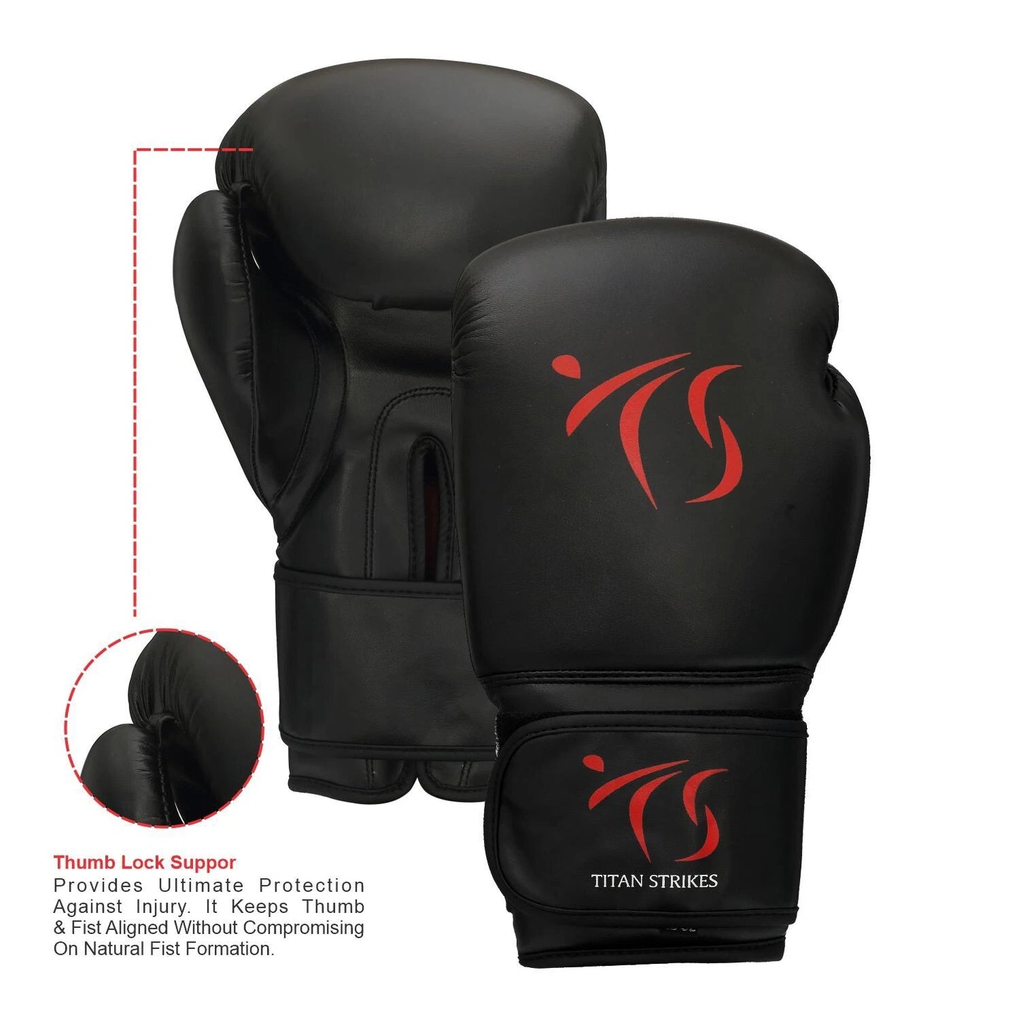 Titan Strikes sparring boxing gloves with built-in thumb lock support for ultimate protection, reinforced foam padding, and durable synthetic leather.