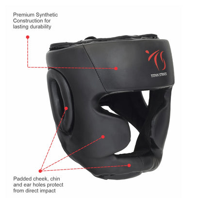 Titan Strikes boxing head guard with premium synthetic construction and padded cheek, chin, and ear zones for impact protection