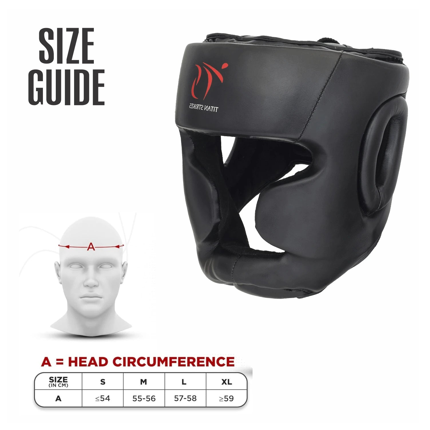 Titan Strikes boxing head guard size chart in centimeters with head circumference measurements for accurate fitting.