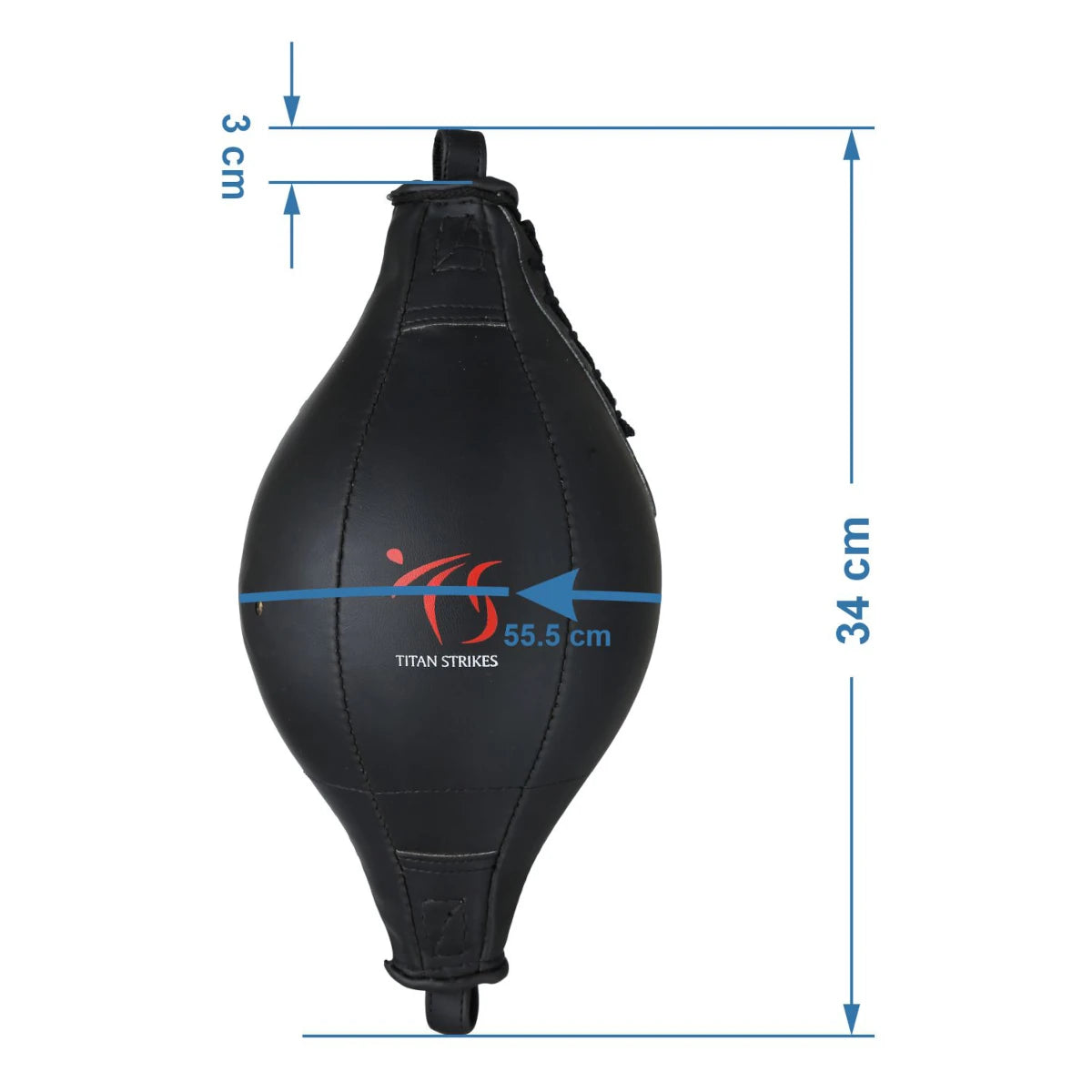 **SEO Optimized ALT Text**  
Titan Strikes boxing double end bag with labeled dimensions in centimeters for accurate size reference and training setup
