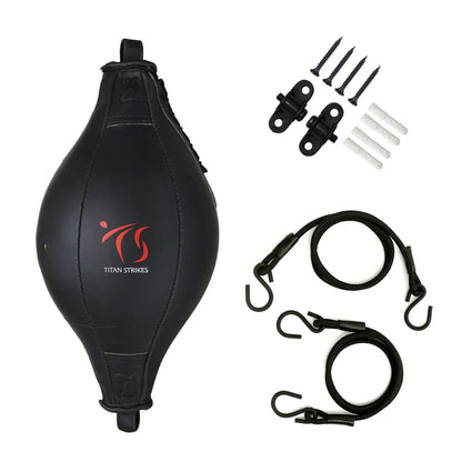 Titan Strikes boxing double end bag with bungee cords, metal hooks, screws, and wall anchors for easy installation