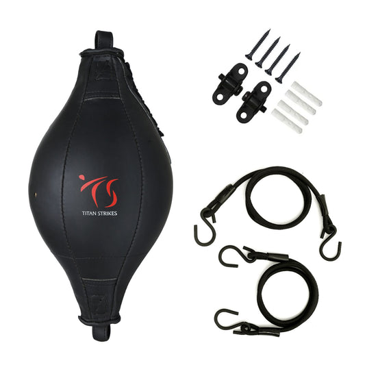 Titan Strikes boxing double end bag with bungee cords, metal hooks, screws, and wall anchors for easy installation