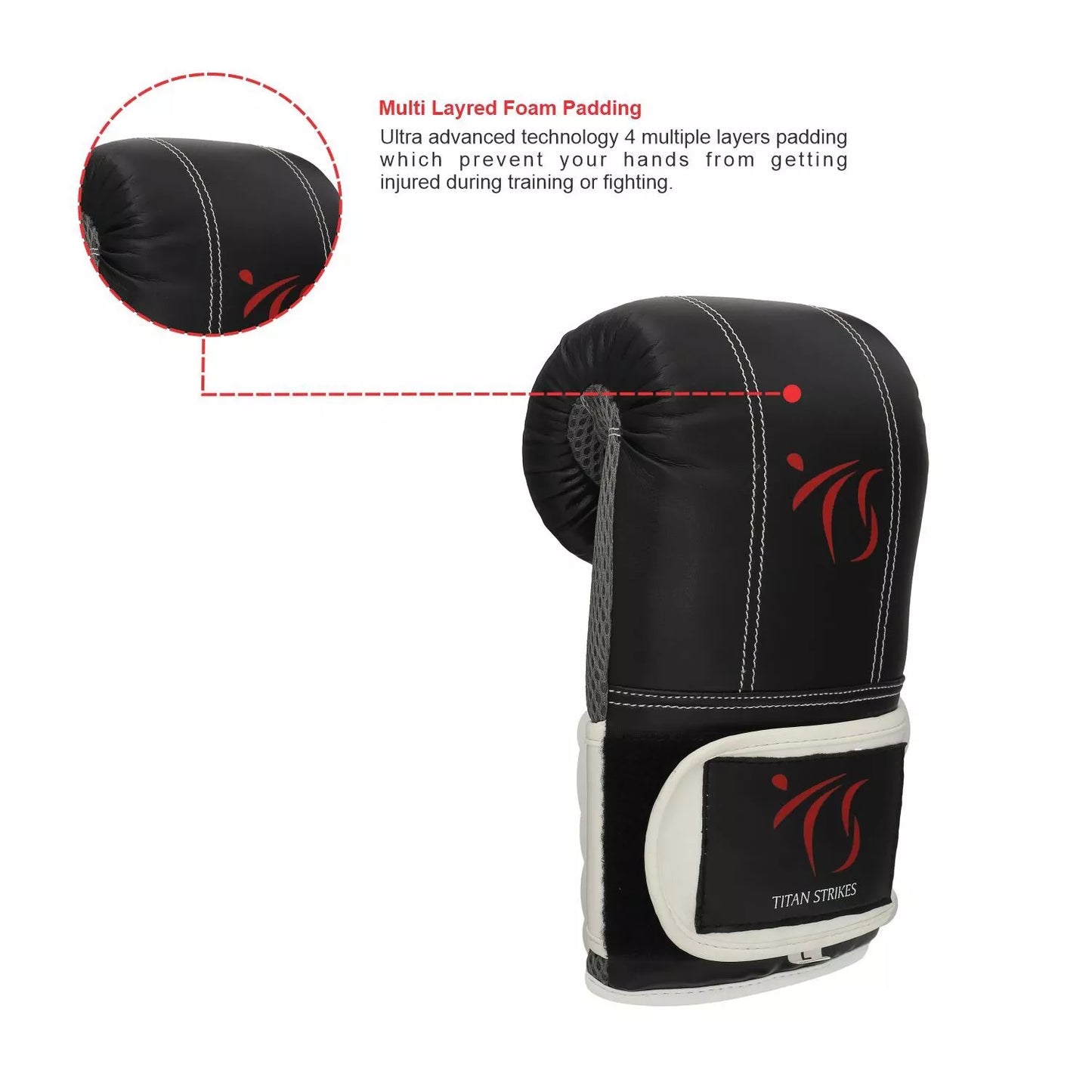 Punching bag glove with Titan Strikes logo showcasing ultra-advanced 4-layer foam padding for injury prevention