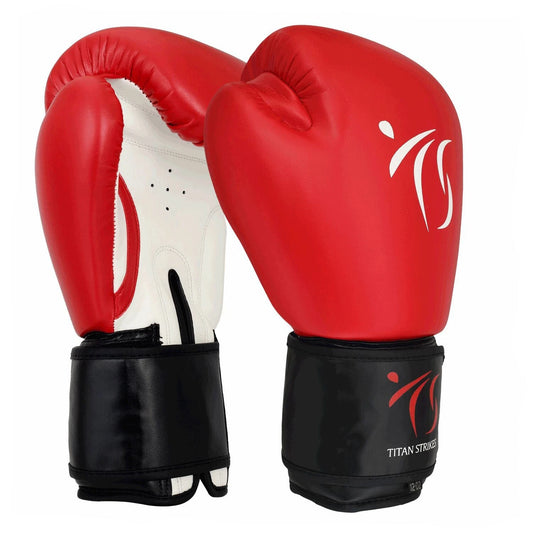 Titan Strikes Sparring boxing gloves in red and Whie with black Velcro Strap