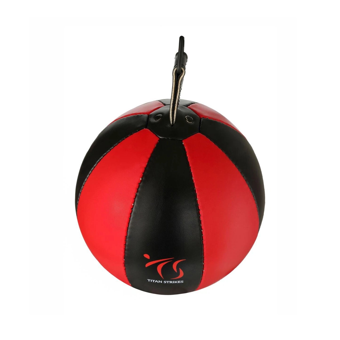 Titan Strikes top-view red and black double end punching bag with reinforced strap and hook attachment for secure ceiling and floor mounting and fast rebound training