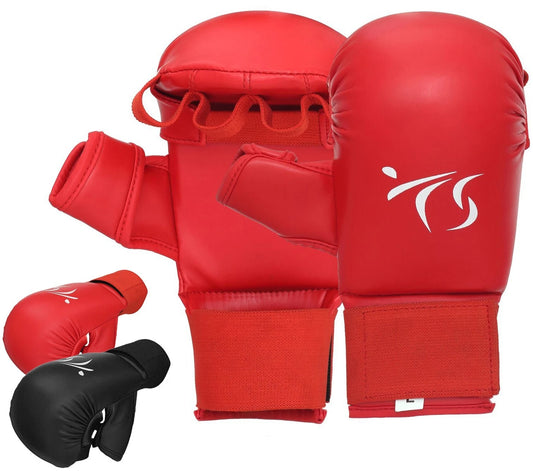 Titan Strikes Karate Gloves in black and Red colors front and back view
