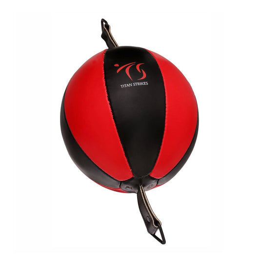 Titan Strikes red and black double end punching bag with reinforced straps and metal hooks for secure mounting and fast rebound training.