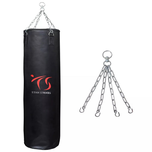Black punching bag boxing with chain attachment featuring Titan Strikes logo.