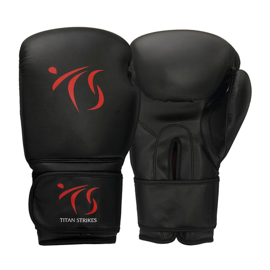Titan Strikes sparring boxing gloves with front and back views, crafted from durable synthetic leather with reinforced foam padding and secure wrist straps, featuring the Titan Strikes logo.