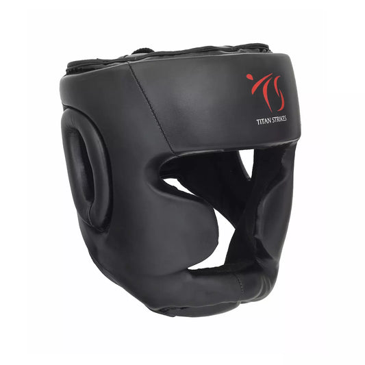 Black Titan Strikes boxing head guard featuring synthetic leather and multi-layer foam padding for head and chin protection