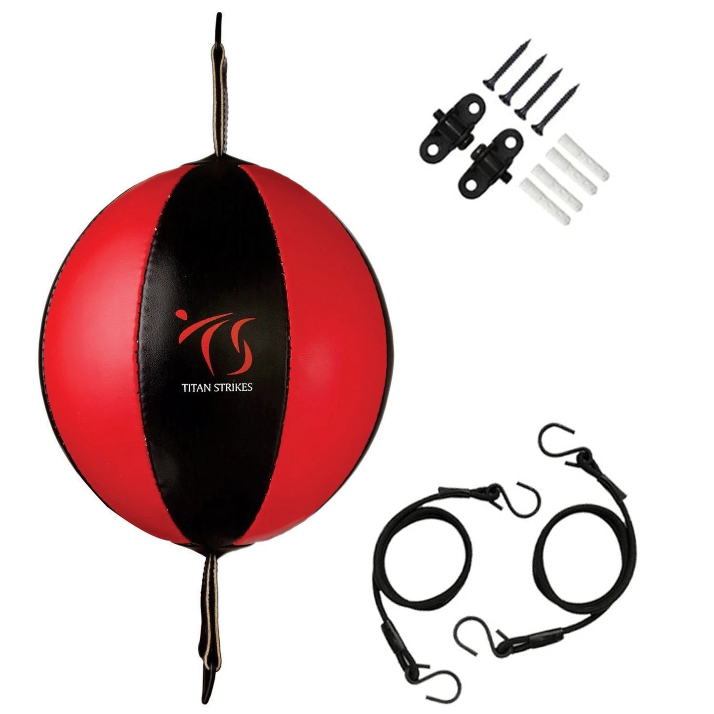 Red black double end punching bag with strings and hooks for easy installation