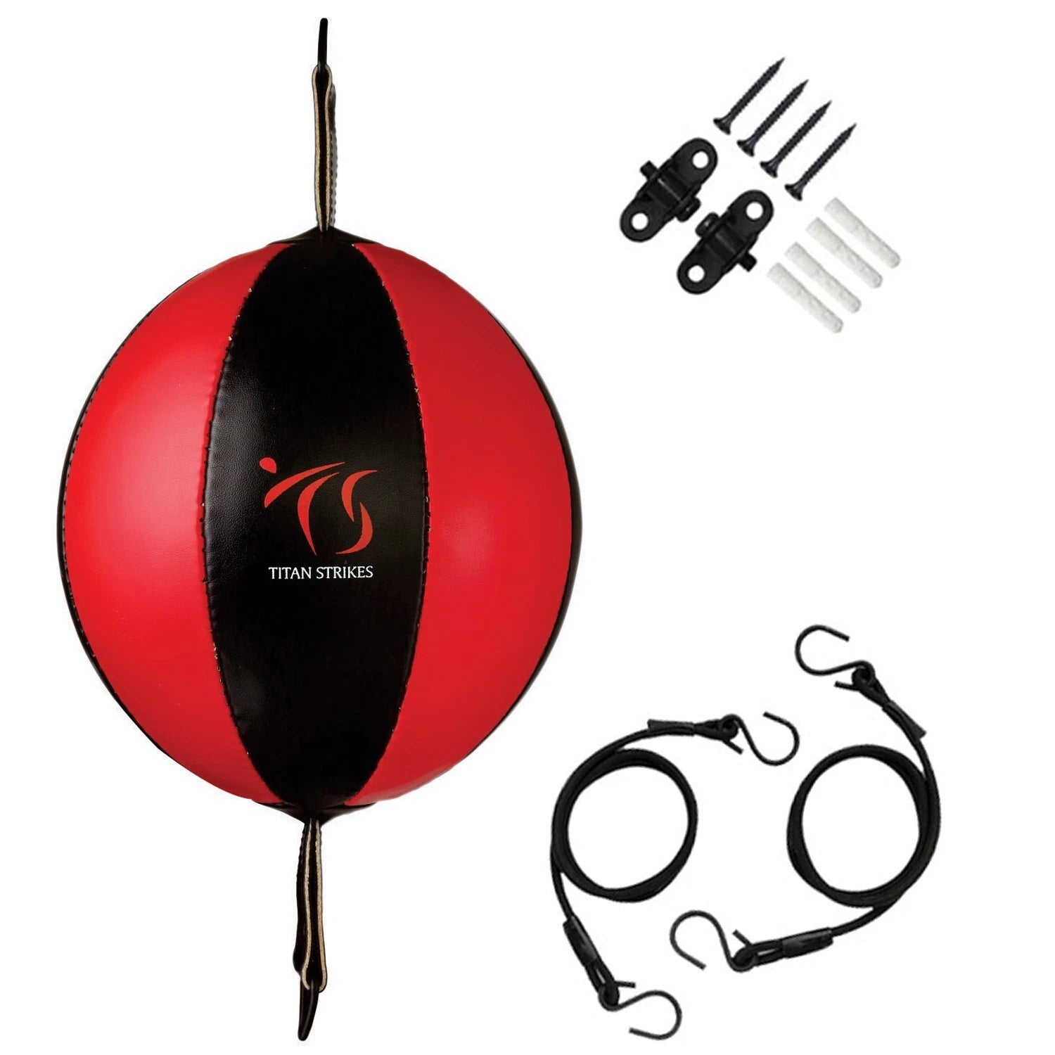 Red black double end punching bag with strings and hooks for easy installation