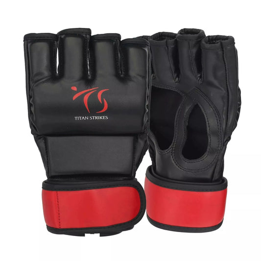 Front and back view of MMA sparring gloves featuring the Titan Strikes logo, highlighting design and craftsmanship