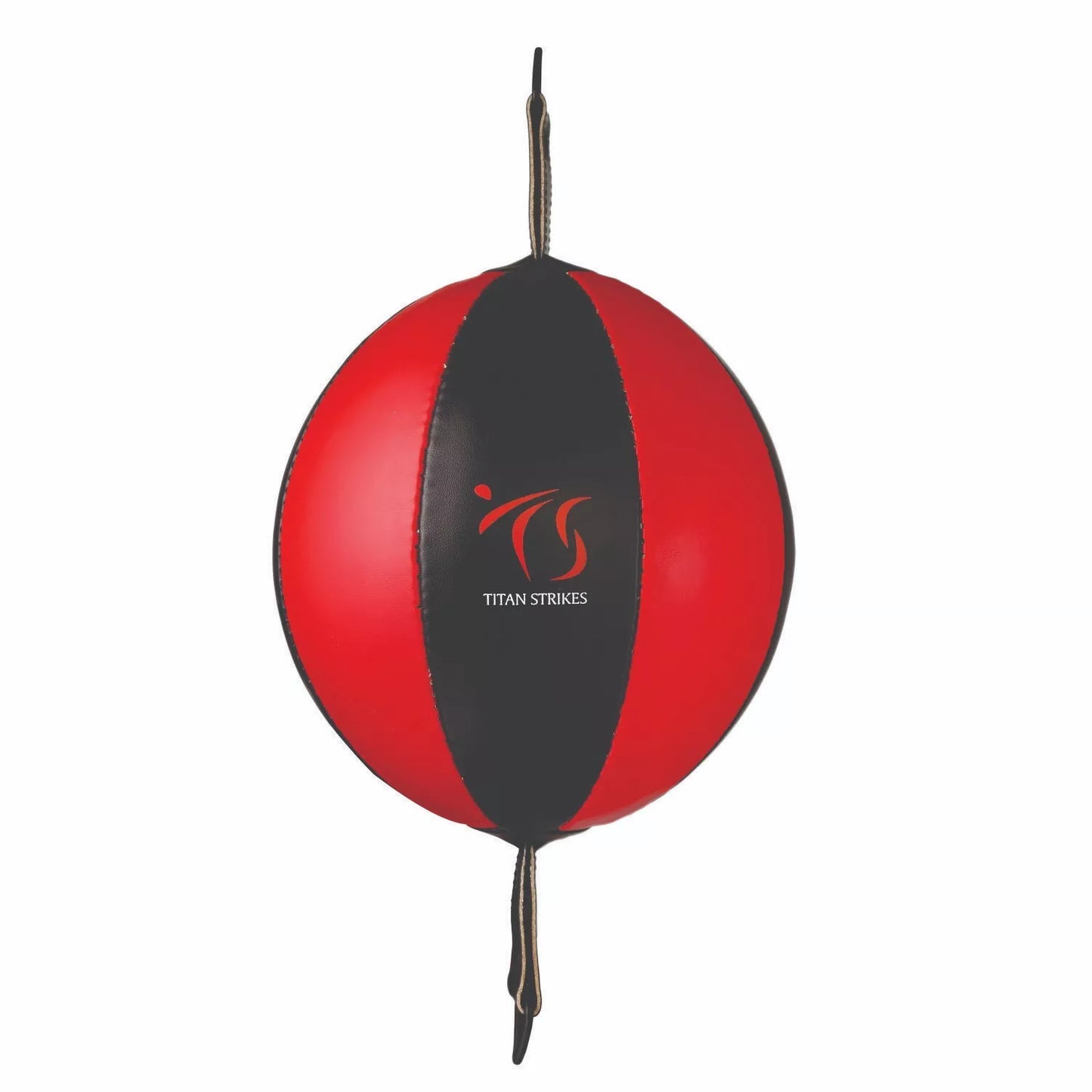Titan Strikes red and black double end punching bag with heavy-duty straps and metal hook attachments for secure mounting and rapid rebound training.