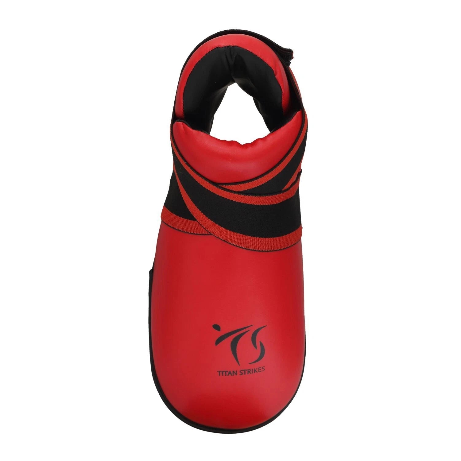 Red Sparring Boots with top view, showing strap and Titan Strikes logo