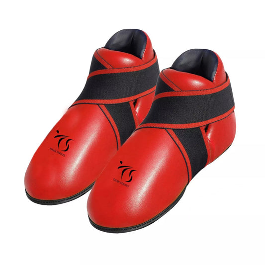 Titan Strikes Sparring Boots with elastic straps for comfort fitting.