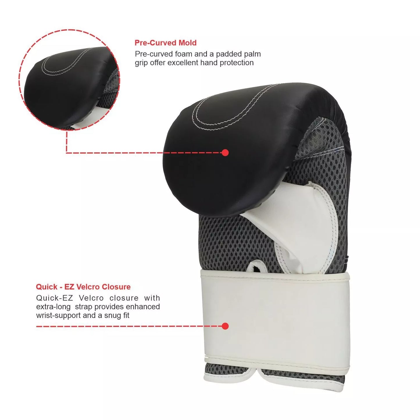 Punching bag glove by Titan Strikes showcasing pre-curved foam, padded palm grip, and quick-adjust Velcro closure