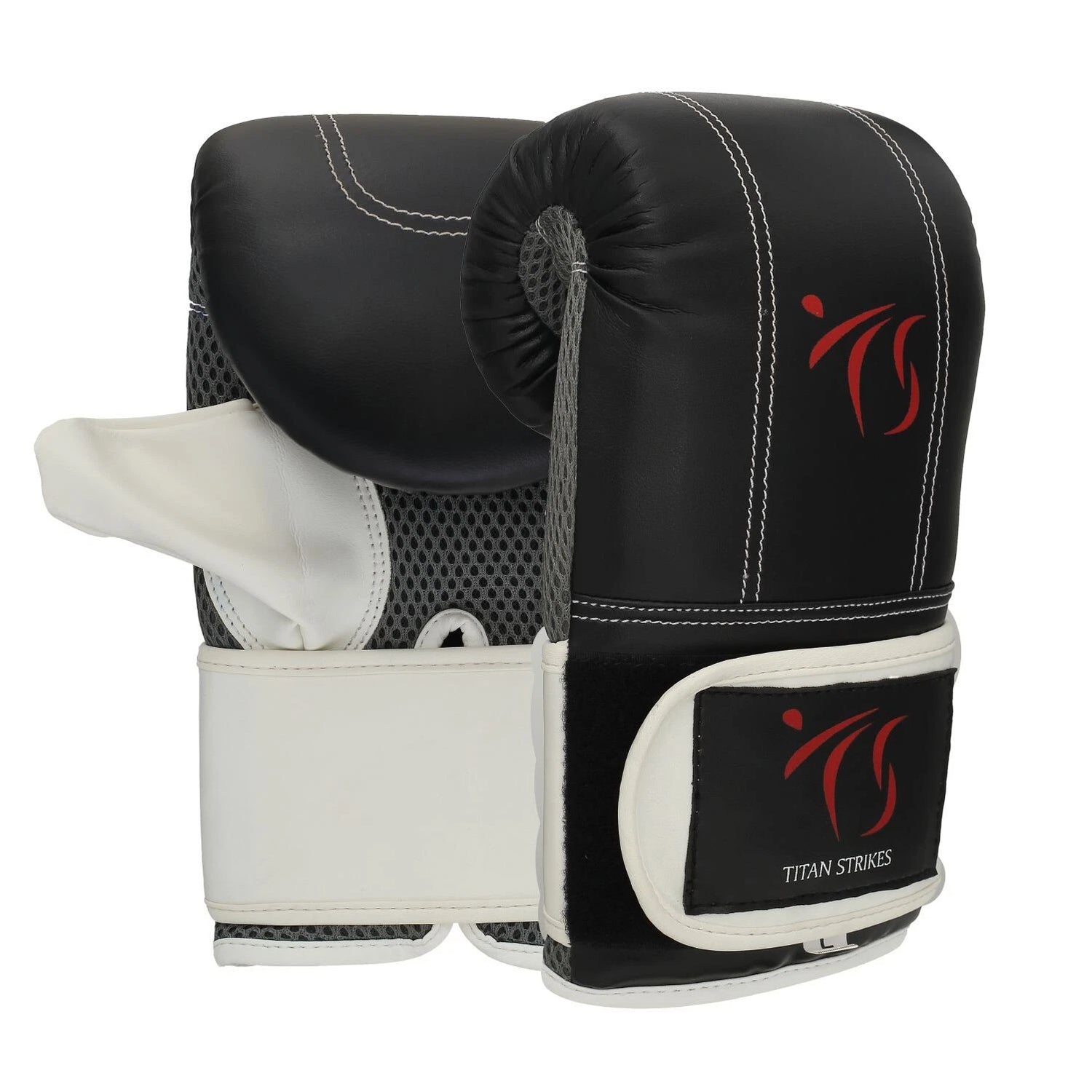 Titan Strikes left punching bag glove front, and back views from an angle