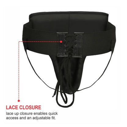 back view of boxing groin guard with lace closure for quick and adjustable fit