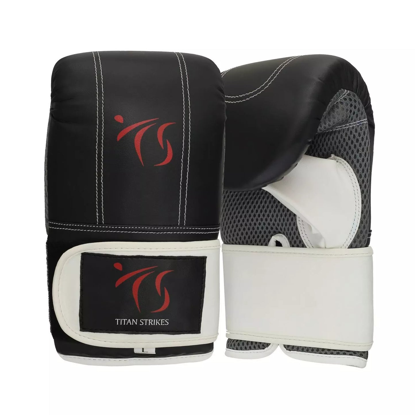 Black Punching bag gloves with white Velcro wrist strap and Titan Strikes logo