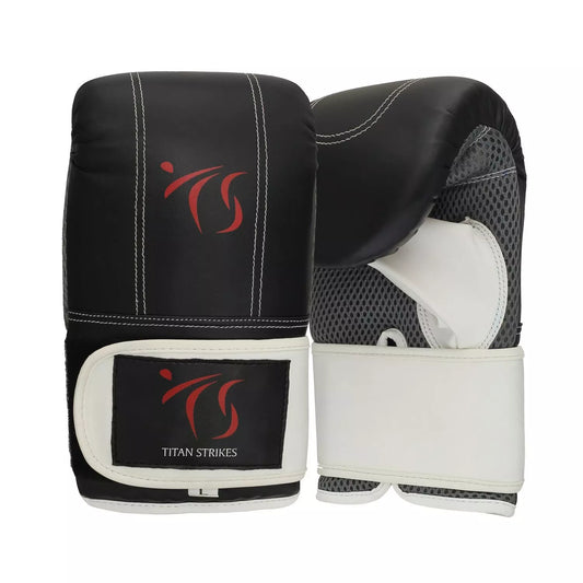 Black Punching bag gloves with white Velcro wrist strap and Titan Strikes logo