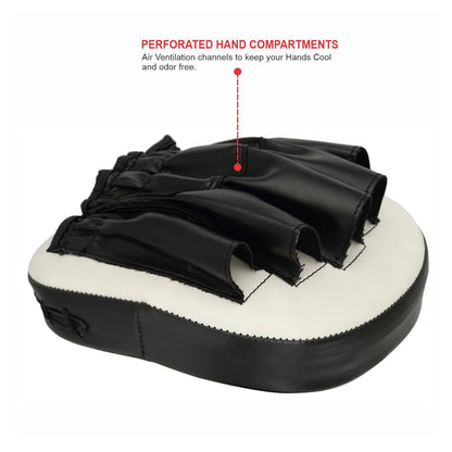 White Titan Strikes focus boxing mitts featuring perforated airflow vents and black ergonomic finger channels