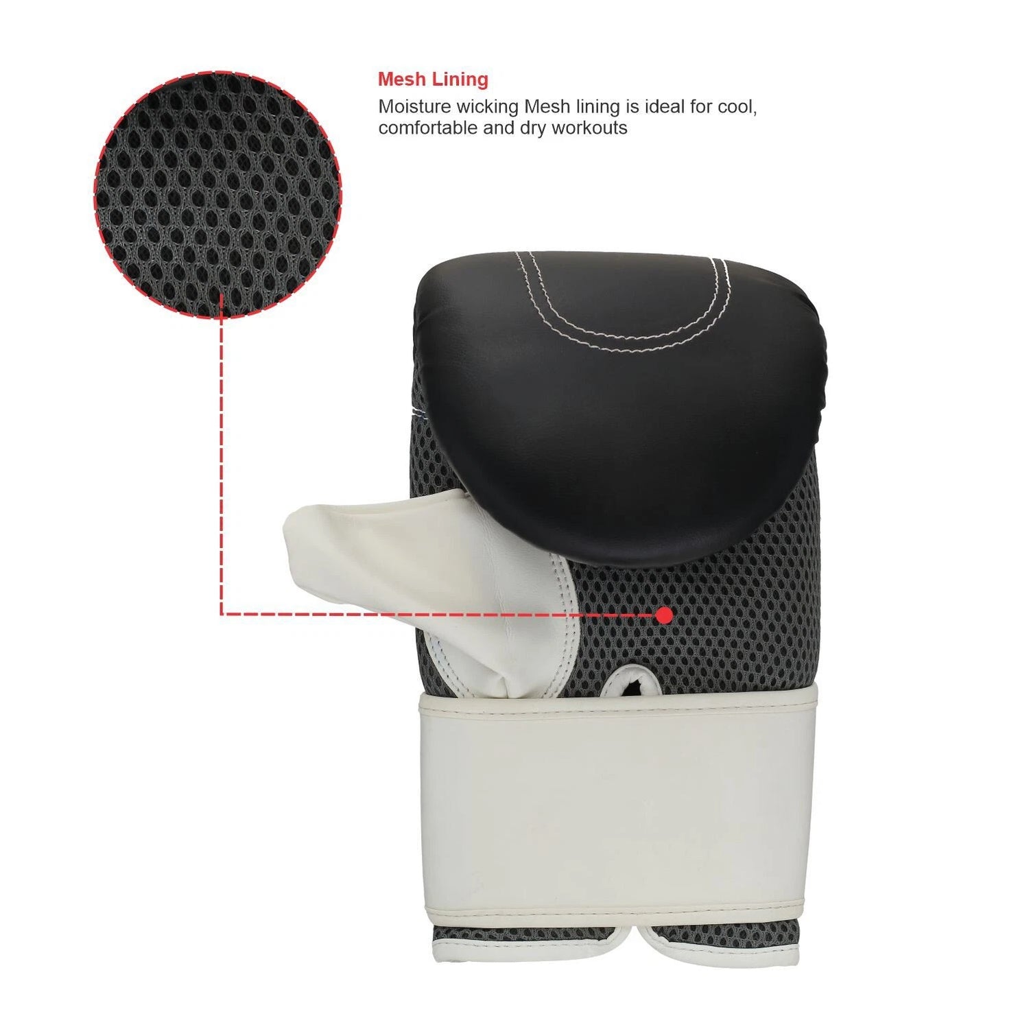 Titan Strikes Black punching bag glove with moisture wicking mesh lining for cool, dry comfortable workouts