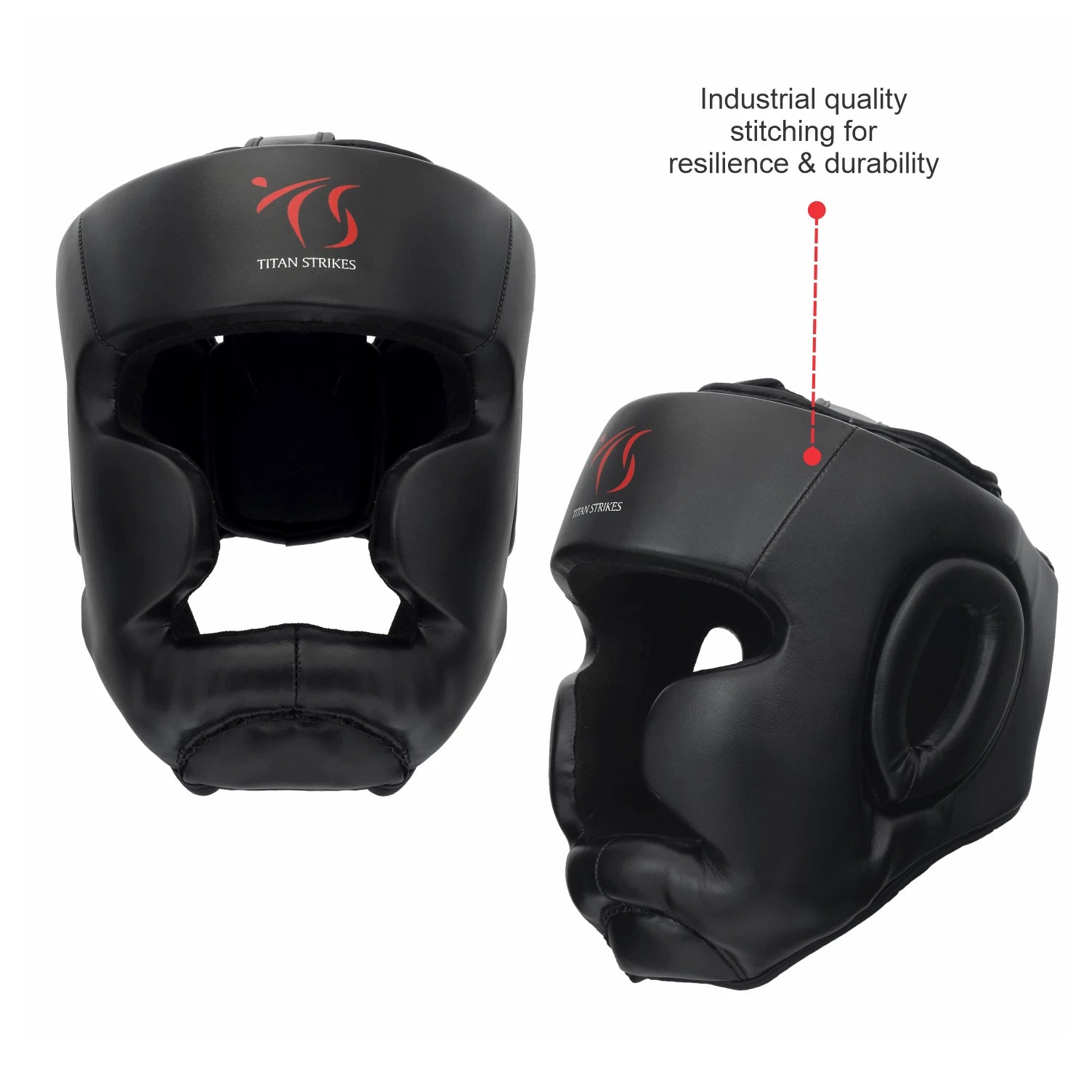 Titan Strikes boxing head guard with front and side view highlighting durable stitching and ergonomic design