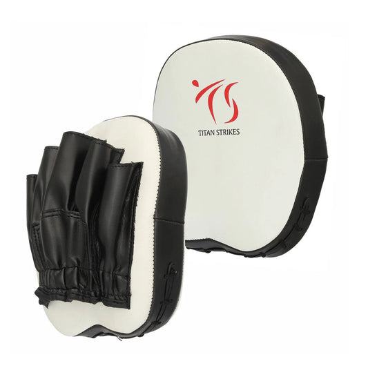 Pair of white Titan Strikes focus boxing mitts facing each other, showing their front striking surfaces and back finger channels